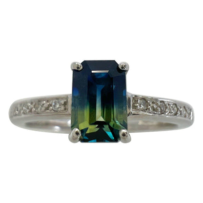 Certified Untreated Bi Colour Sapphire Blue Yellow Emerald Cut White Gold Ring