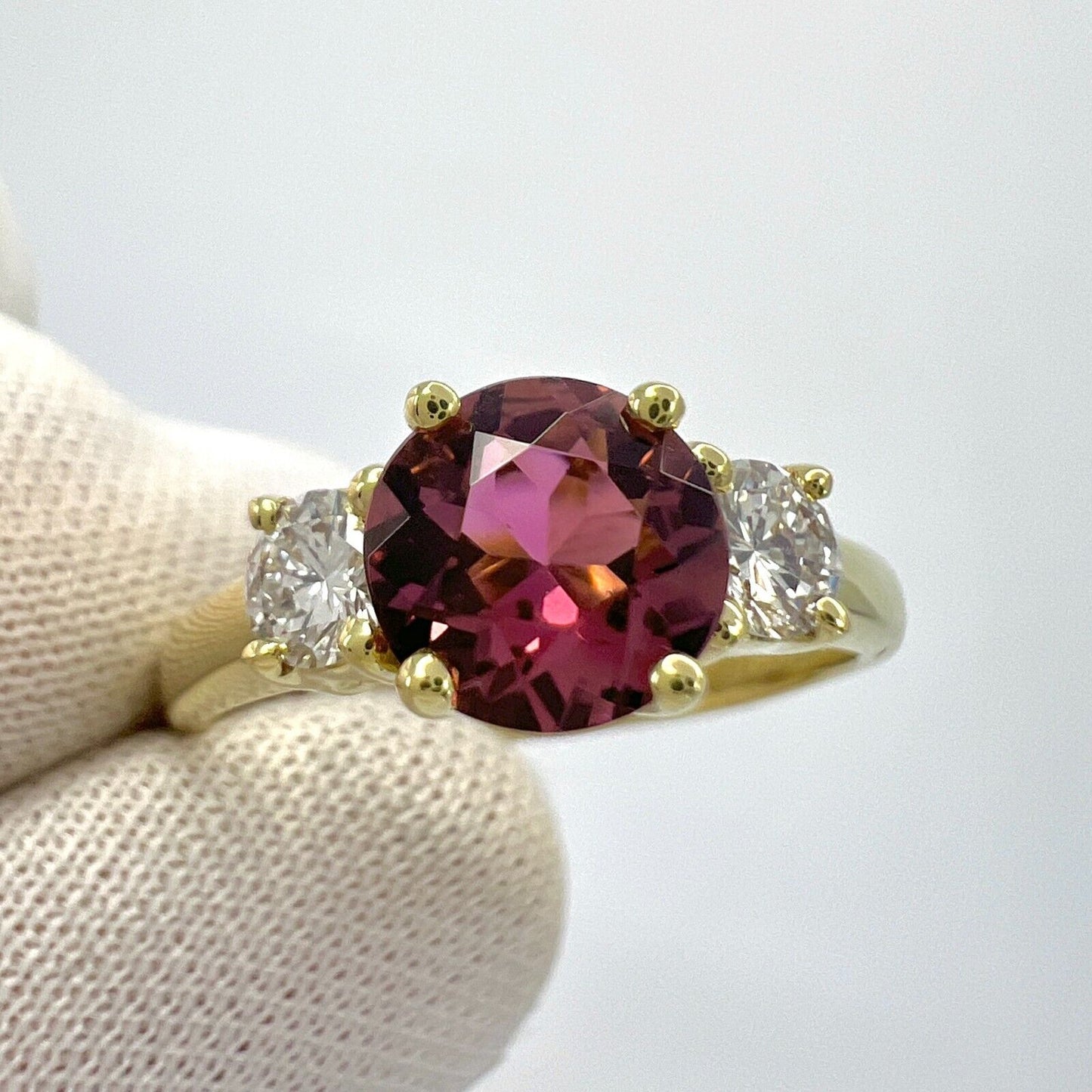 Vintage Tiffany & Co Pink Tourmaline & Diamond 18k Yellow Gold Three Stone Ring