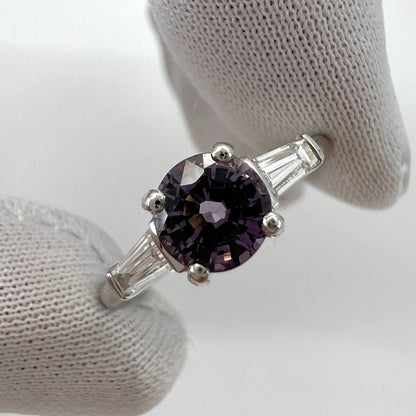 1.20ct Vivid Lilac Purple Spinel & Diamond Platinum Round Cut Three Stone Ring