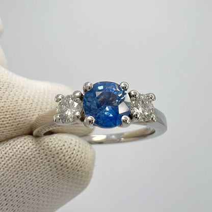 Natural Vivid Blue Round Ceylon Sapphire & Diamond White Gold Three Stone Ring