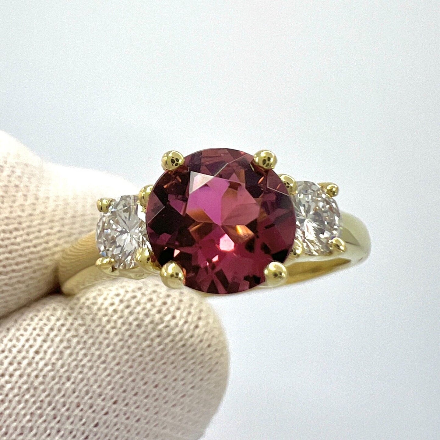 Vintage Tiffany & Co Pink Tourmaline & Diamond 18k Yellow Gold Three Stone Ring