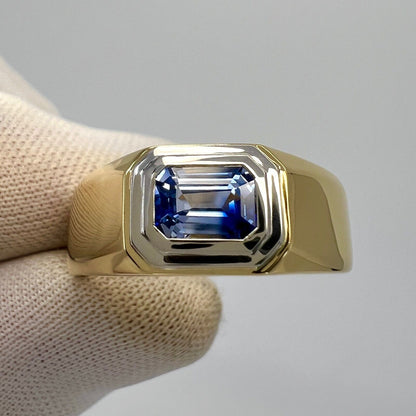 Natural Bi Colour White Blue Ceylon Sapphire Emerald Cut 18k Gold Signet Ring