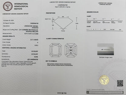 2.01ct IGI Certified Radiant Cut Lab Grown Diamond VVS H 18k Gold Solitaire Ring