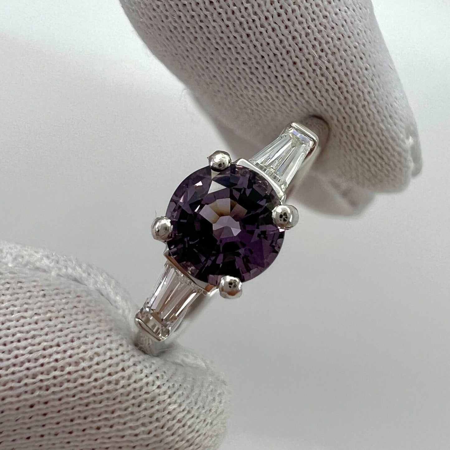 1.20ct Vivid Lilac Purple Spinel & Diamond Platinum Round Cut Three Stone Ring