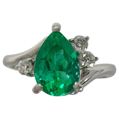 1.06ct Vivid Green Pear Teardrop Cut Colombian Emerald & Diamond Platinum Ring