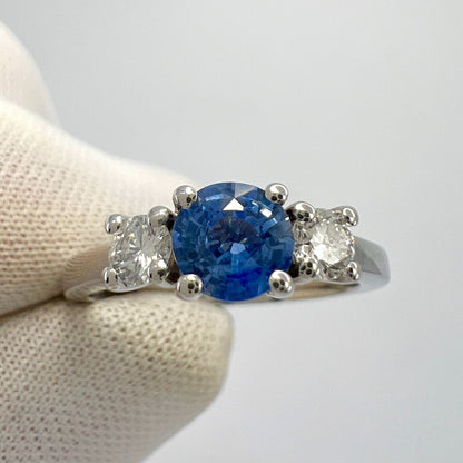 Natural Vivid Blue Round Ceylon Sapphire & Diamond White Gold Three Stone Ring