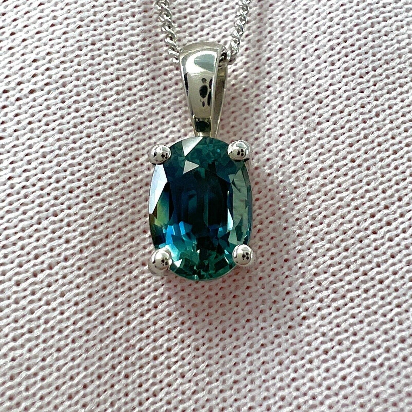 1.37 Carat Teal Blue Green Sapphire Platinum Oval Cut Solitaire Pendant Necklace