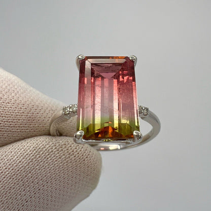 Unique 4.36ct Emerald Cut Watermelon Tourmaline Diamond Platinum Solitaire Ring