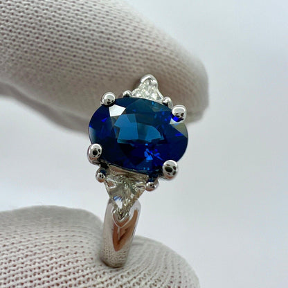 Fine Royal Blue Sapphire & Diamond 18k White Gold Oval Cut Three Stone Ring