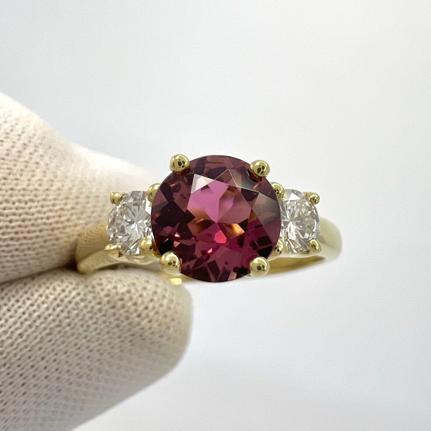 Vintage Tiffany & Co Pink Tourmaline & Diamond 18k Yellow Gold Three Stone Ring