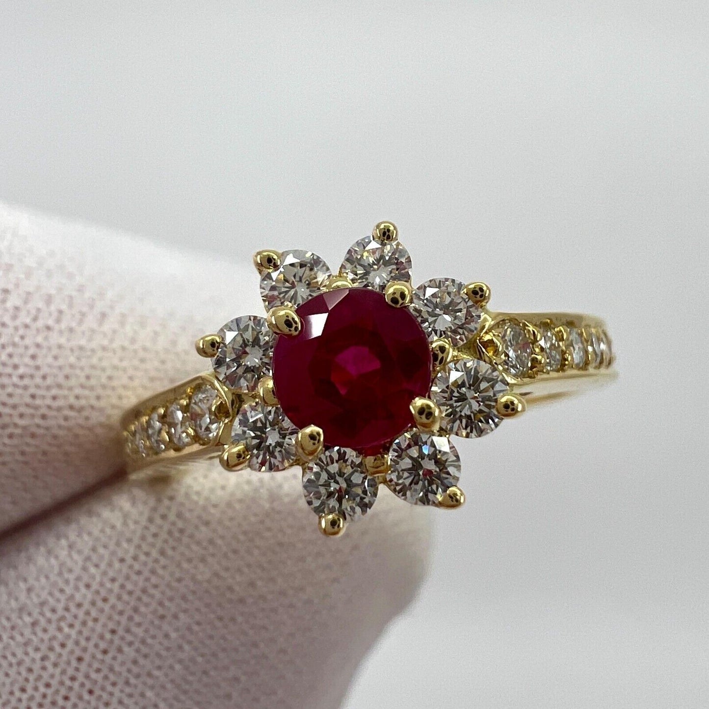 Vintage Tiffany & Co. Red Ruby & Diamond Flower 18k Yellow Gold Cluster Ring