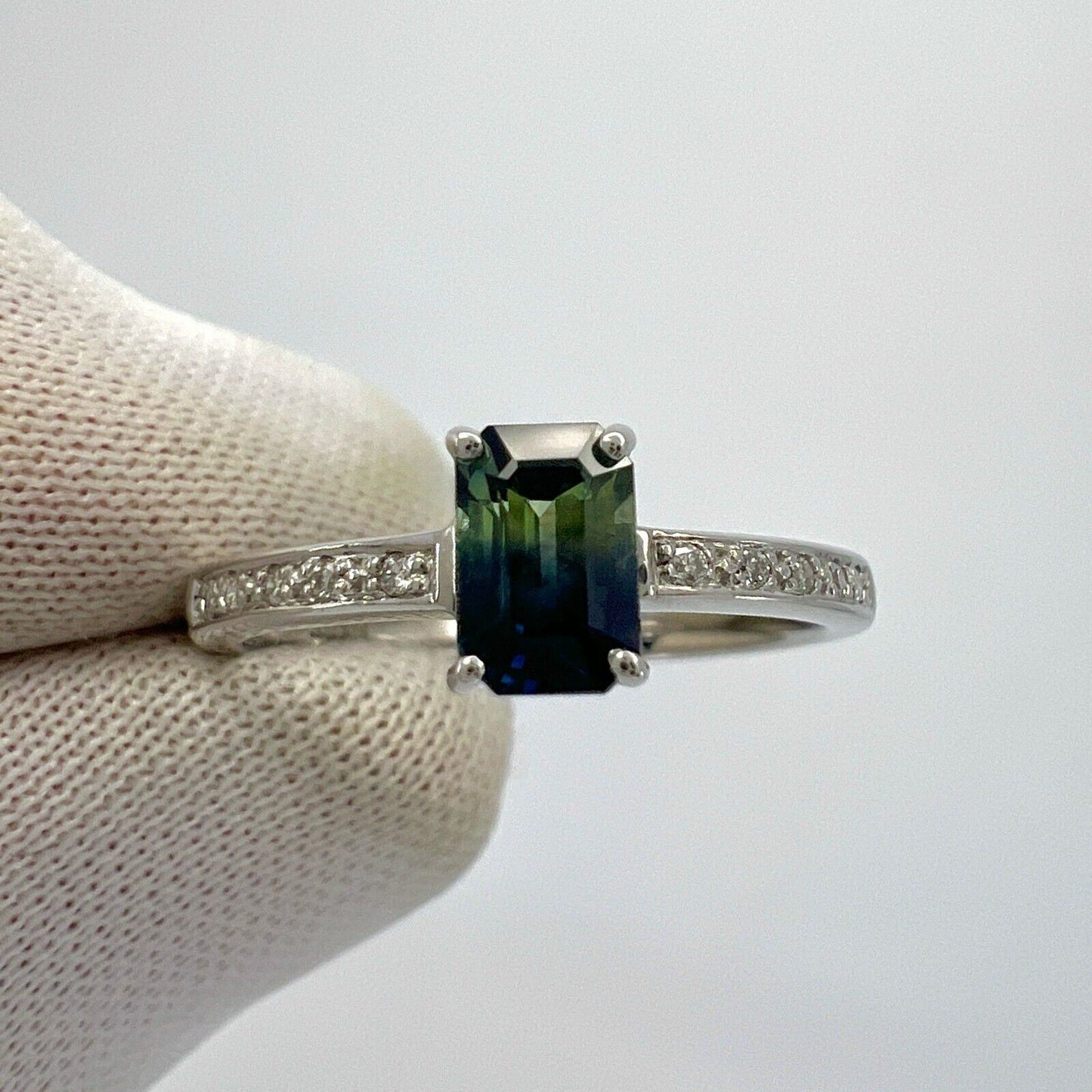 Certified Untreated Bi Colour Sapphire Blue Yellow Emerald Cut White Gold Ring