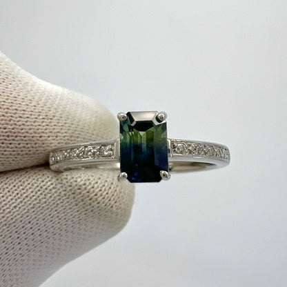 Certified Untreated Bi Colour Sapphire Blue Yellow Emerald Cut White Gold Ring