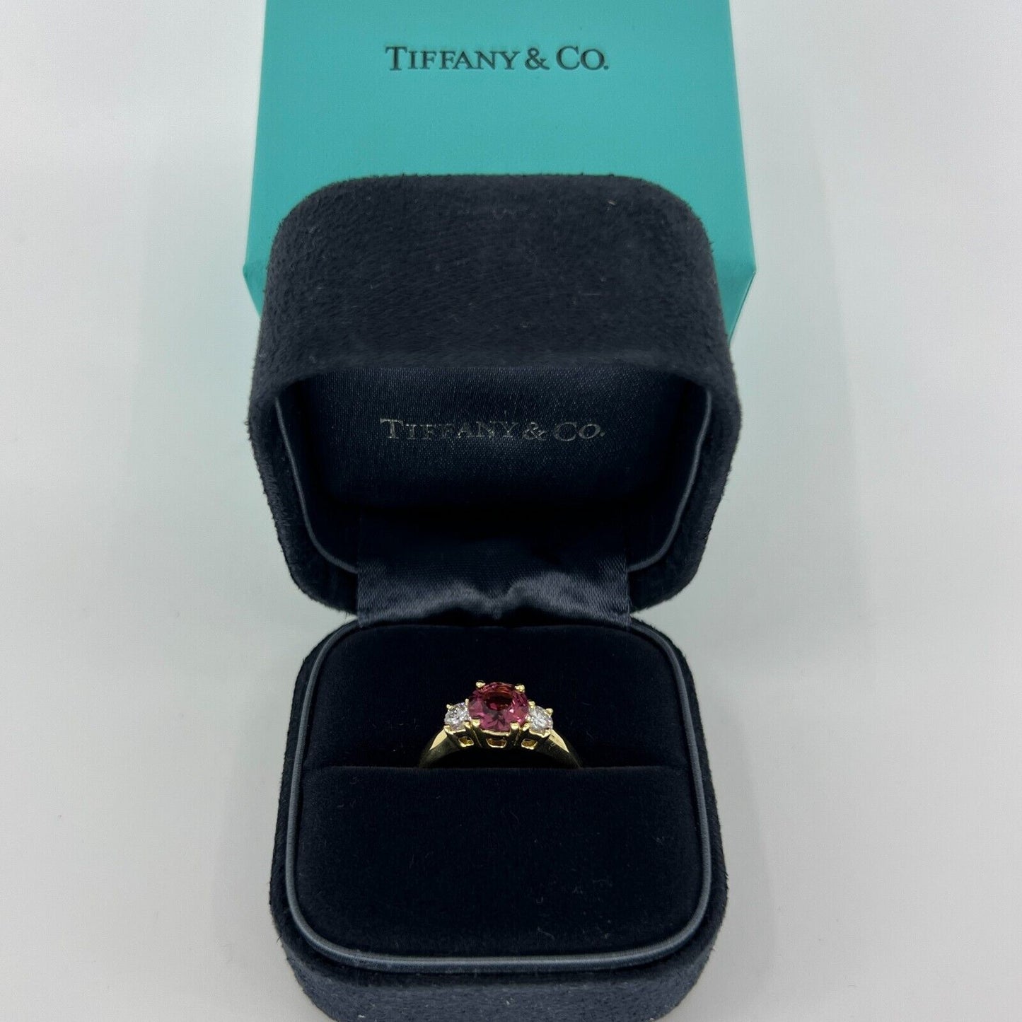 Vintage Tiffany & Co Pink Tourmaline & Diamond 18k Yellow Gold Three Stone Ring