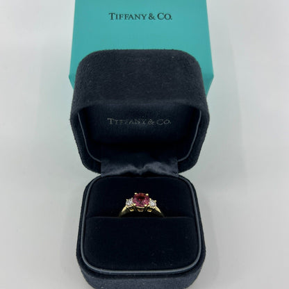 Vintage Tiffany & Co Pink Tourmaline & Diamond 18k Yellow Gold Three Stone Ring