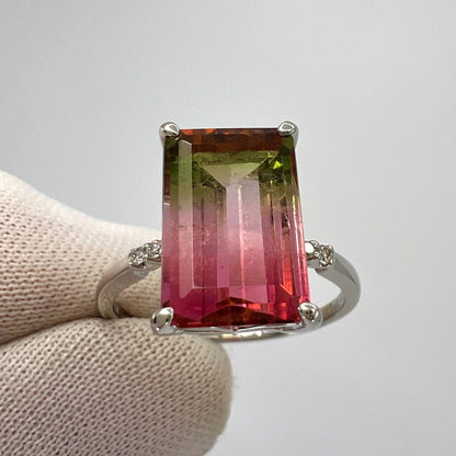 Unique 4.36ct Emerald Cut Watermelon Tourmaline Diamond Platinum Solitaire Ring