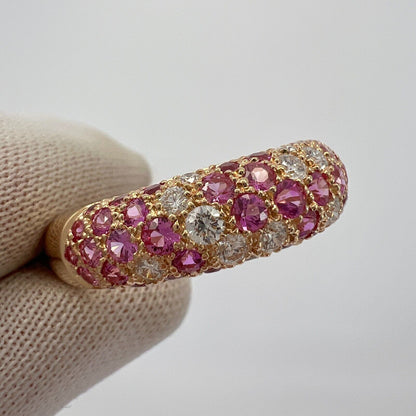 Rare Vintage Cartier Pavé Pink Sapphire & Diamond 18k Rose Gold Band Dome Ring