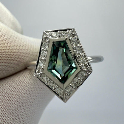 GIA Certified 1.35ct Untreated Sapphire Green Blue & Diamond 18k White Gold Ring