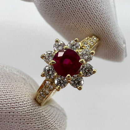 Vintage Tiffany & Co. Red Ruby & Diamond Flower 18k Yellow Gold Cluster Ring