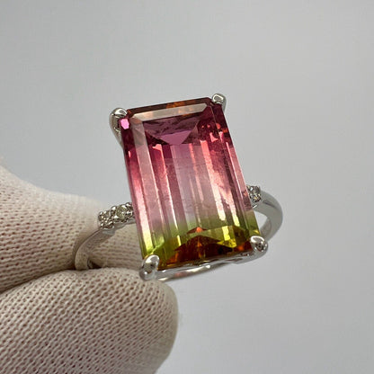 Unique 4.36ct Emerald Cut Watermelon Tourmaline Diamond Platinum Solitaire Ring