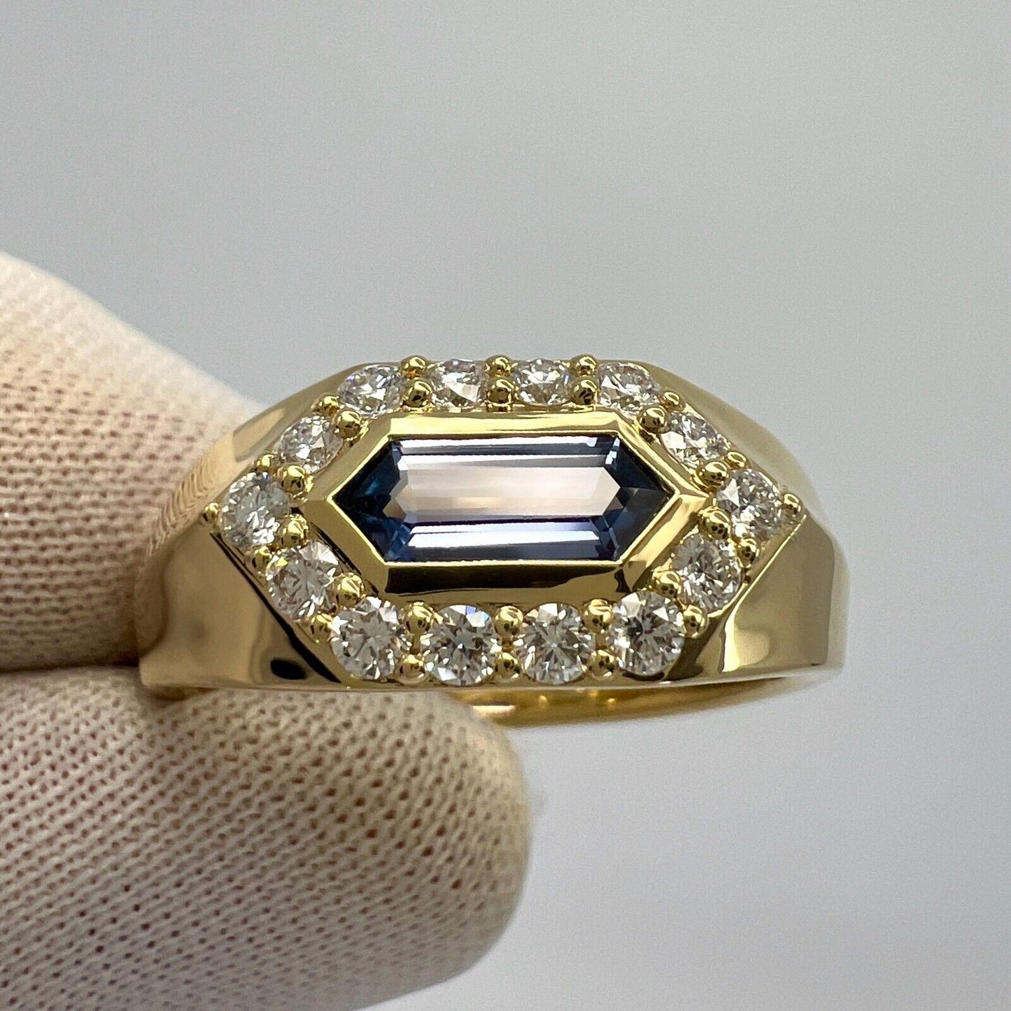 1.03ct Fancy Pentagon Ceylon Blue Sapphire & Diamond 18k Gold Halo Signet Ring