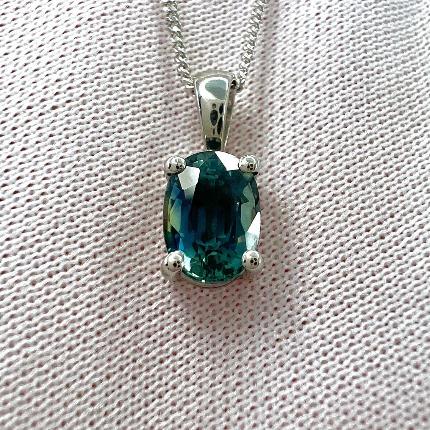 1.37 Carat Teal Blue Green Sapphire Platinum Oval Cut Solitaire Pendant Necklace