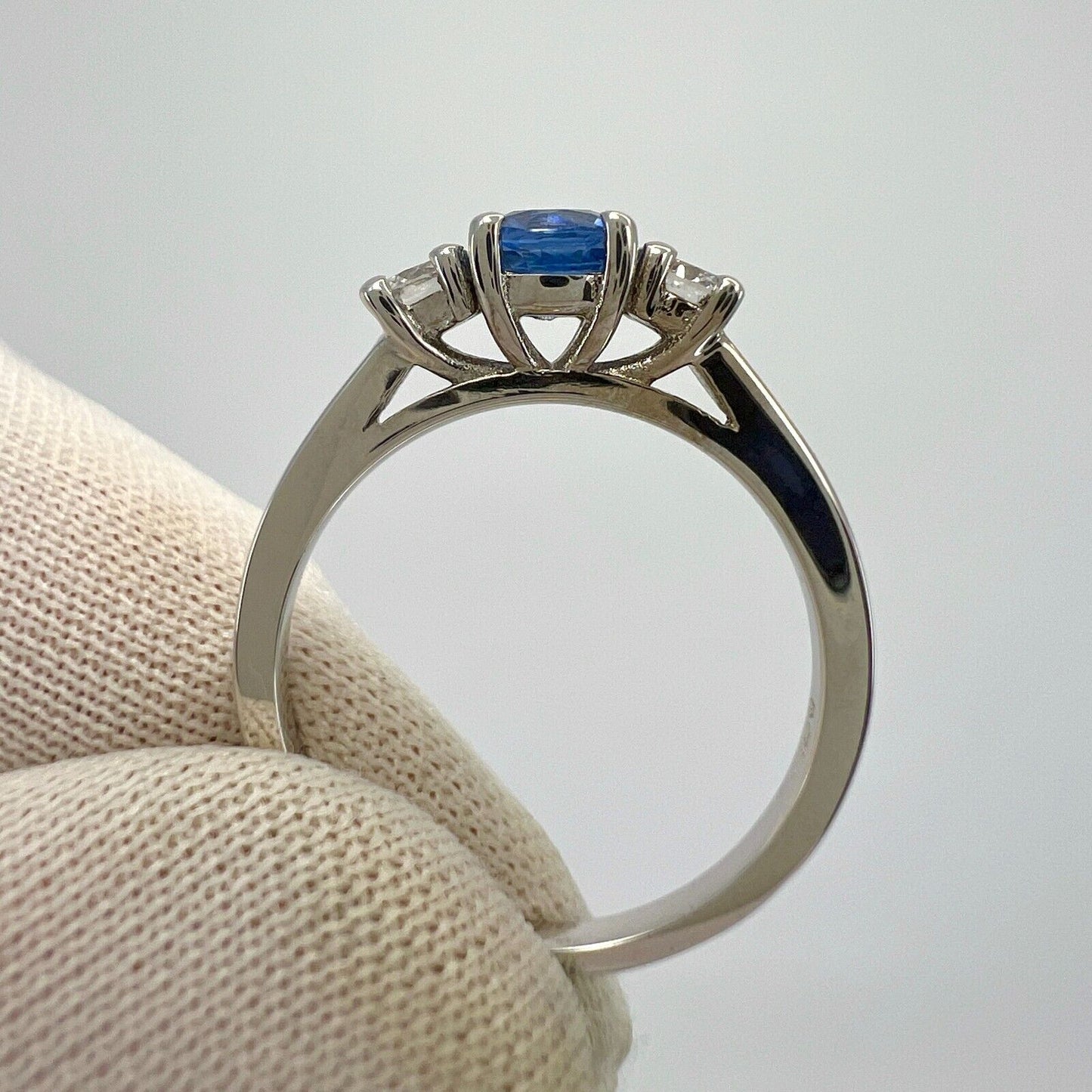 Natural Vivid Blue Round Ceylon Sapphire & Diamond White Gold Three Stone Ring