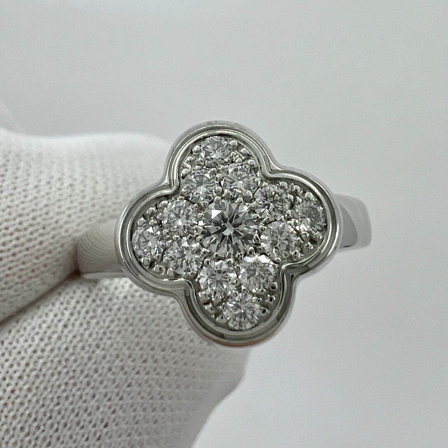 Rare Vintage Van Cleef & Arpels Pure Alhambra Diamond Flower 18k White Gold Ring