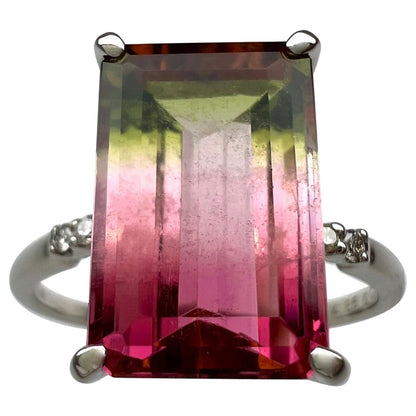 Unique 4.36ct Emerald Cut Watermelon Tourmaline Diamond Platinum Solitaire Ring