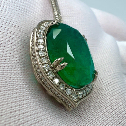 12.23ct GIA Certified RARE Russian Emerald & Diamond 18k White Gold Halo Pendant