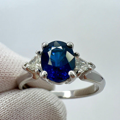 Fine Royal Blue Sapphire & Diamond 18k White Gold Oval Cut Three Stone Ring