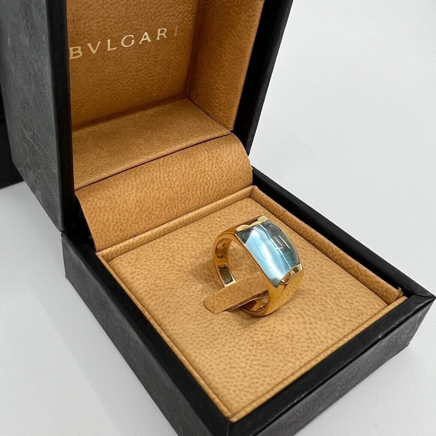 Vintage Bvlgari Tronchetto 18k Yellow Gold Blue Topaz Dome Ring with Box