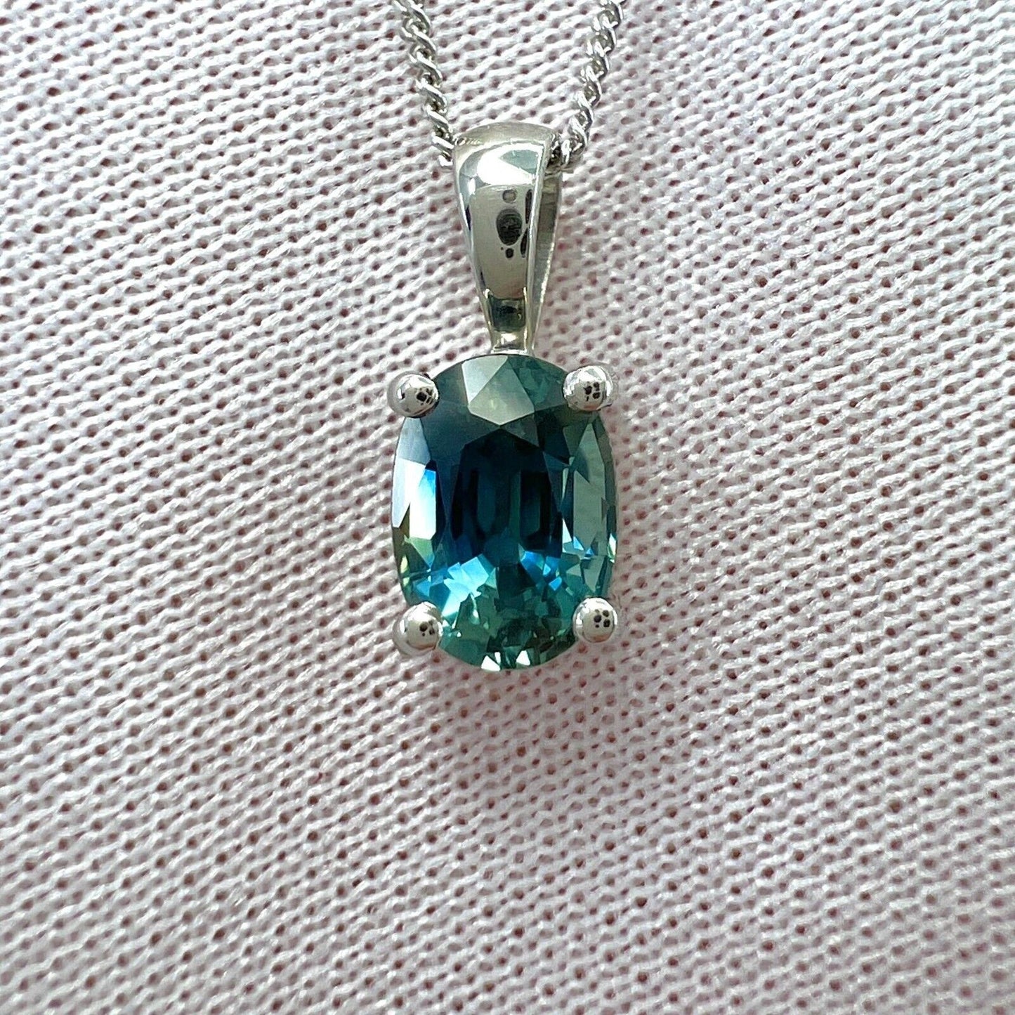 1.37 Carat Teal Blue Green Sapphire Platinum Oval Cut Solitaire Pendant Necklace