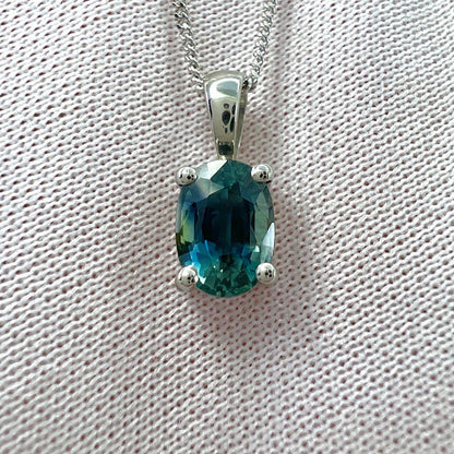 1.37 Carat Teal Blue Green Sapphire Platinum Oval Cut Solitaire Pendant Necklace