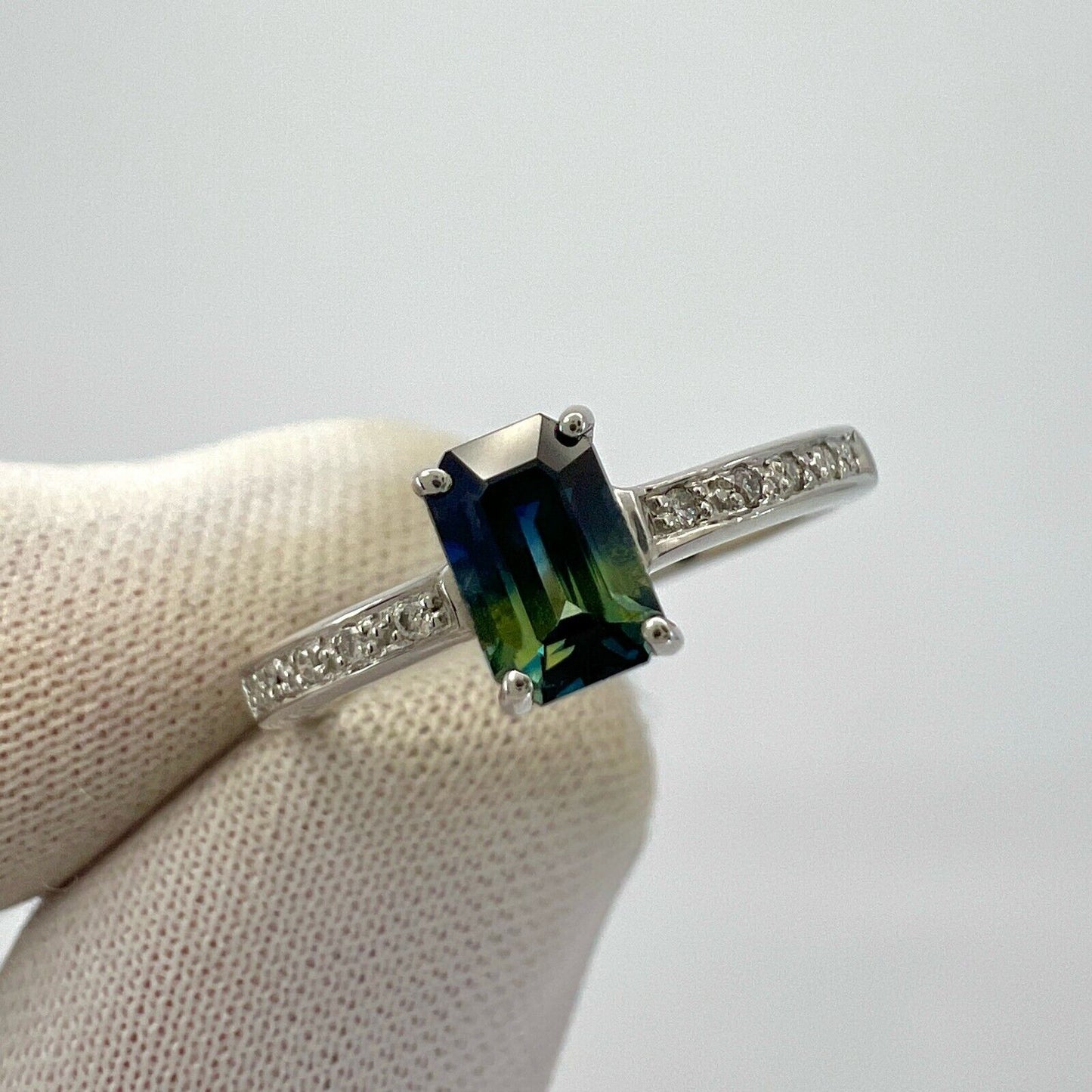 Certified Untreated Bi Colour Sapphire Blue Yellow Emerald Cut White Gold Ring