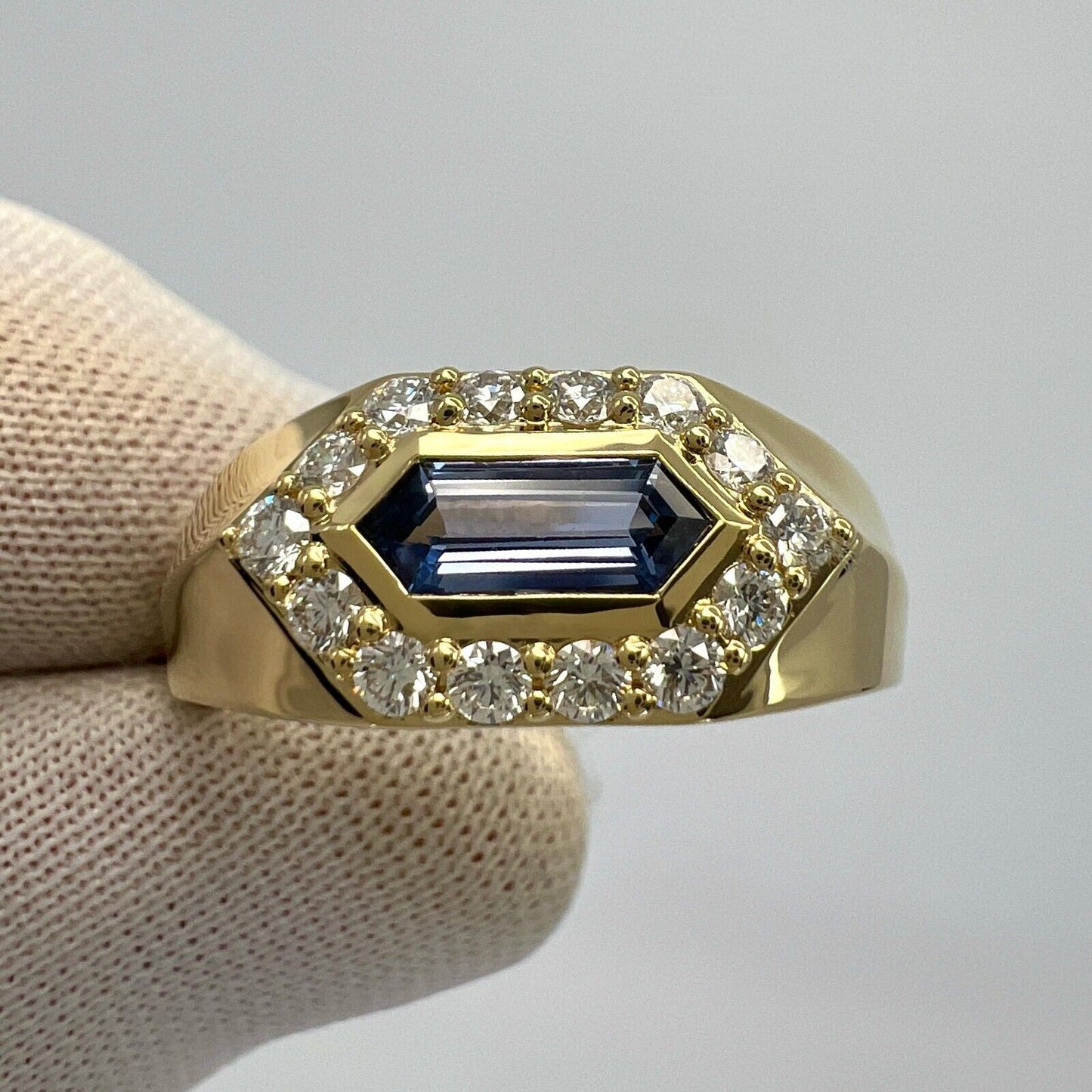 1.03ct Fancy Pentagon Ceylon Blue Sapphire & Diamond 18k Gold Halo Signet Ring