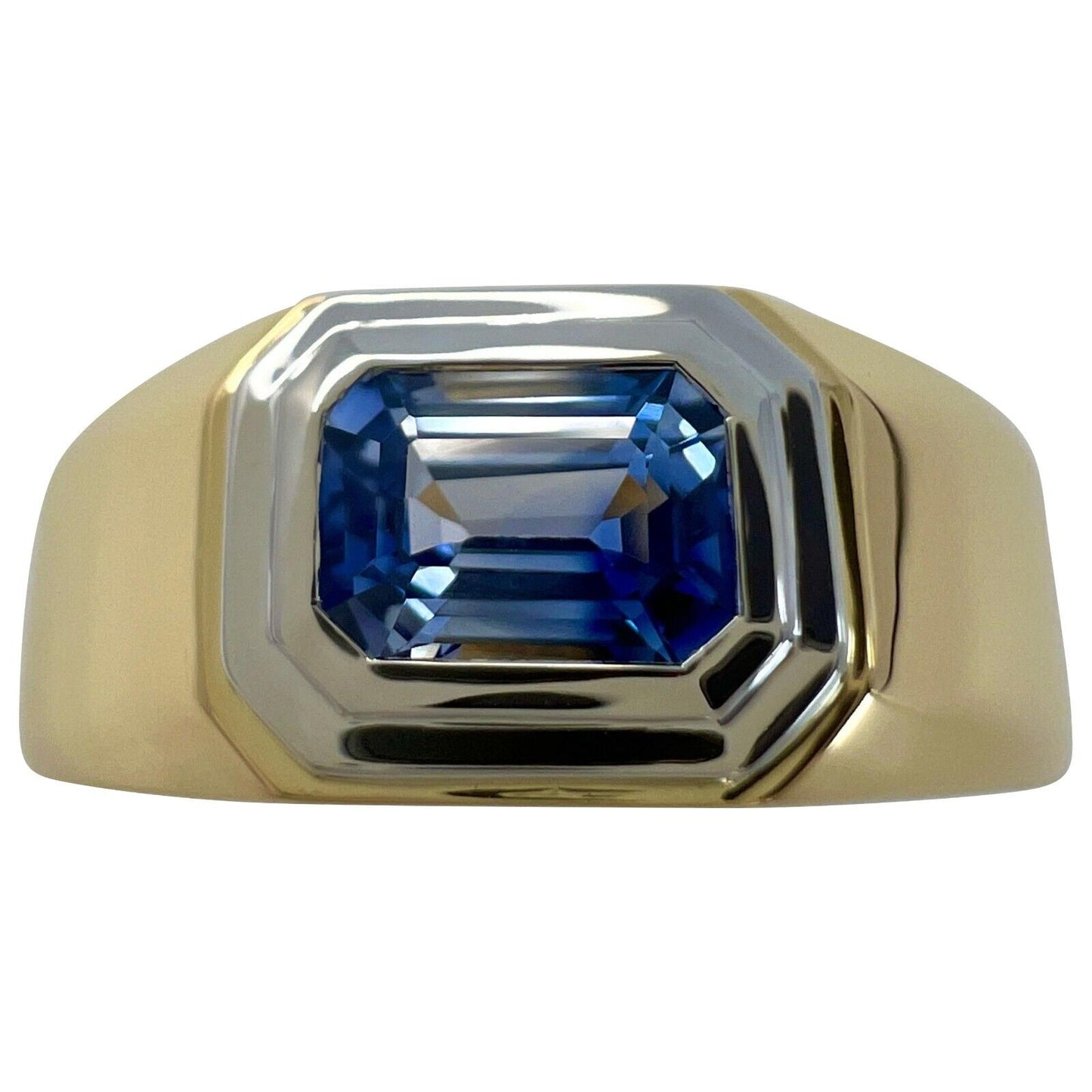 Natural Bi Colour White Blue Ceylon Sapphire Emerald Cut 18k Gold Signet Ring