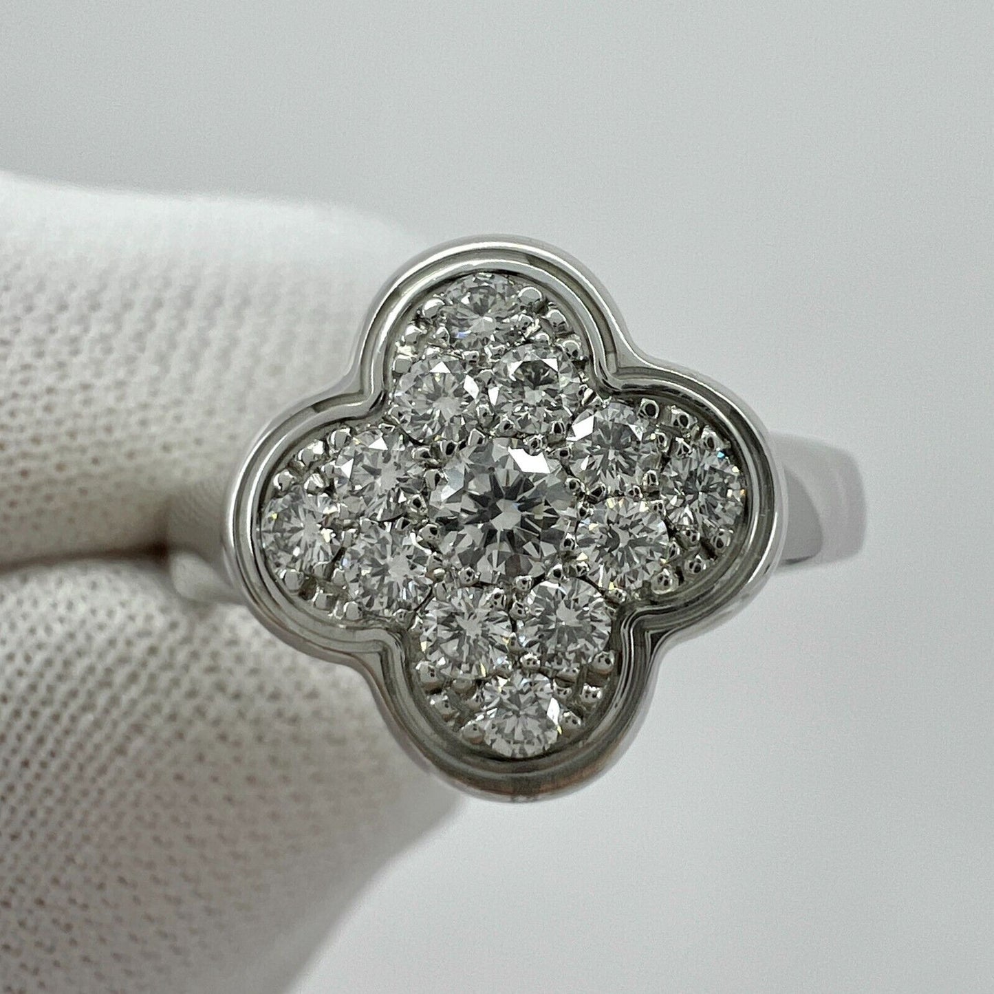 Rare Vintage Van Cleef & Arpels Pure Alhambra Diamond Flower 18k White Gold Ring