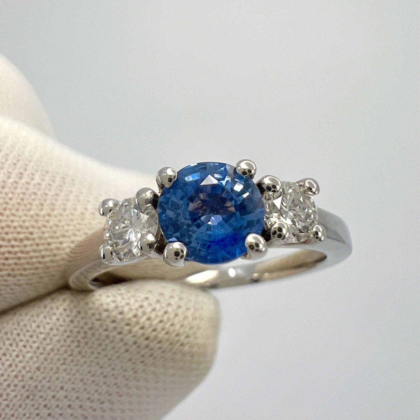 Natural Vivid Blue Round Ceylon Sapphire & Diamond White Gold Three Stone Ring