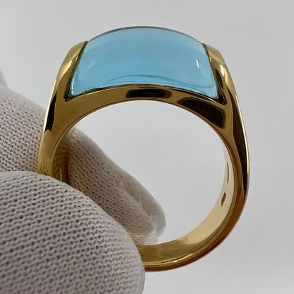 Vintage Bvlgari Tronchetto 18k Yellow Gold Blue Topaz Dome Ring with Box