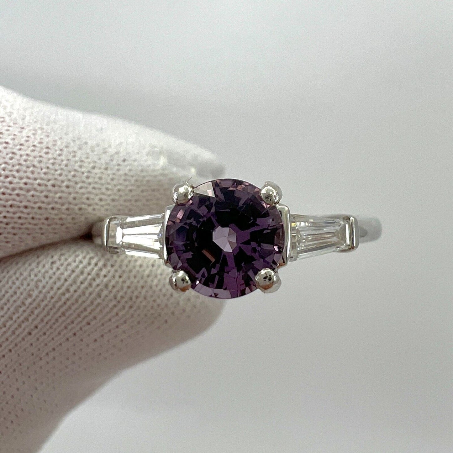 1.20ct Vivid Lilac Purple Spinel & Diamond Platinum Round Cut Three Stone Ring