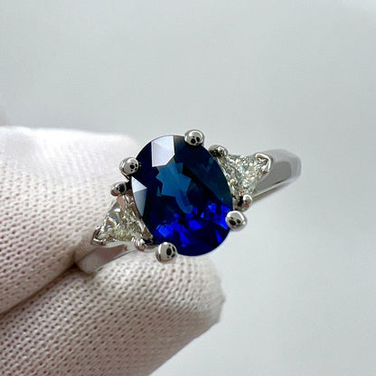 Fine Royal Blue Sapphire & Diamond 18k White Gold Oval Cut Three Stone Ring