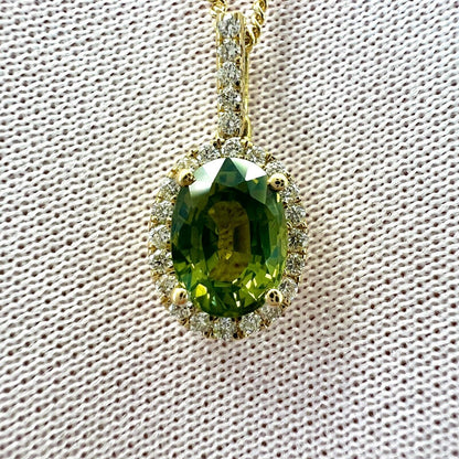 GIA Certified Untreated Australian Green Sapphire 18k Gold Diamond Halo Pendant