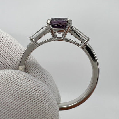 1.20ct Vivid Lilac Purple Spinel & Diamond Platinum Round Cut Three Stone Ring