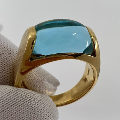 Vintage Bvlgari Tronchetto 18k Yellow Gold Blue Topaz Dome Ring with Box