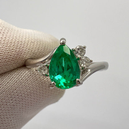 1.06ct Vivid Green Pear Teardrop Cut Colombian Emerald & Diamond Platinum Ring