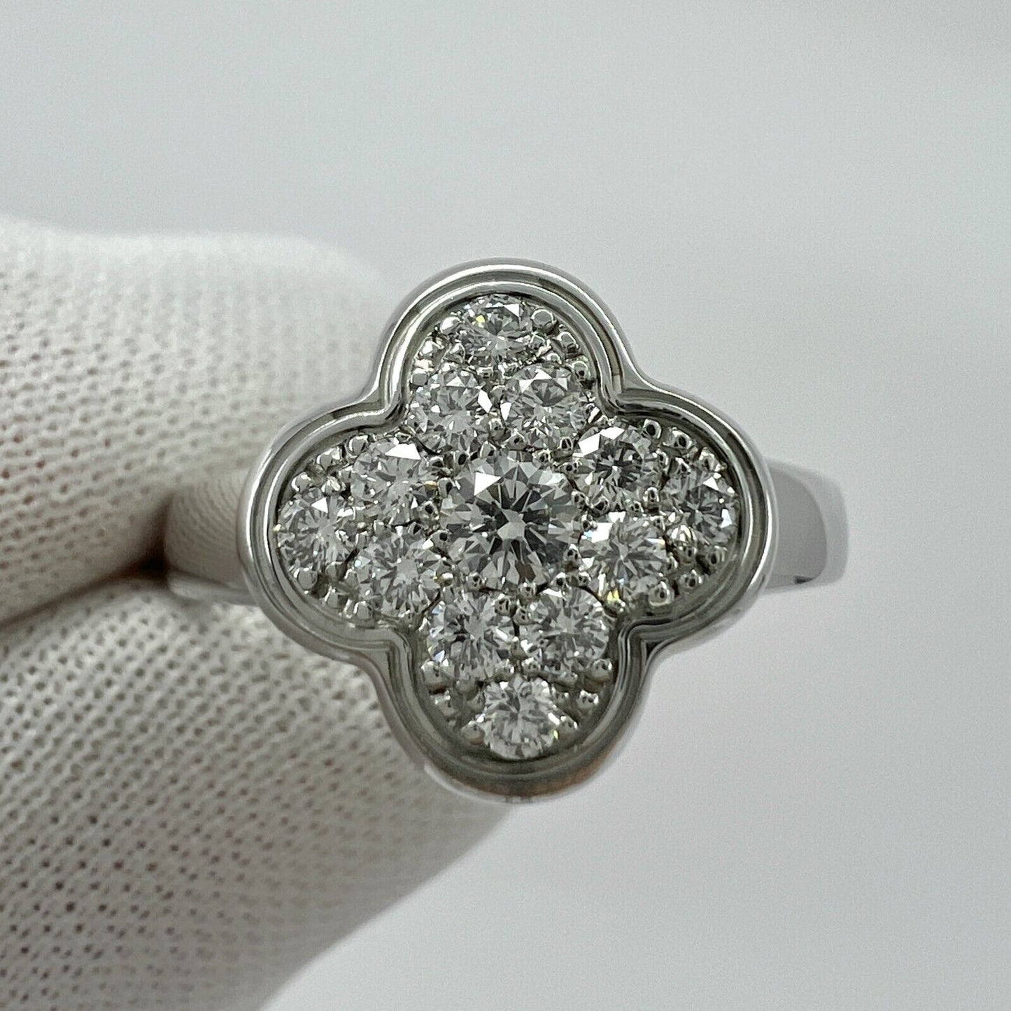 Rare Vintage Van Cleef & Arpels Pure Alhambra Diamond Flower 18k White Gold Ring