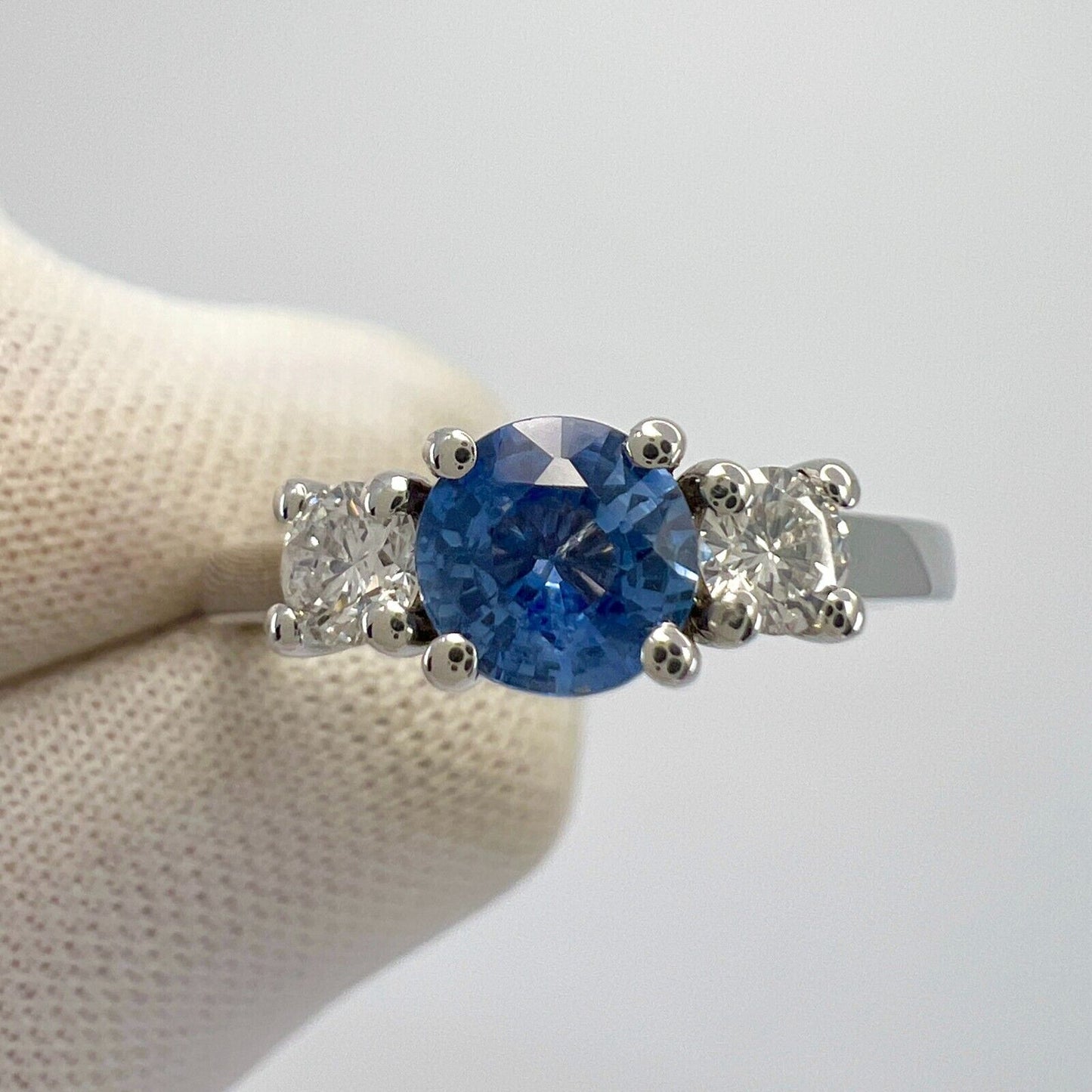 Natural Vivid Blue Round Ceylon Sapphire & Diamond White Gold Three Stone Ring