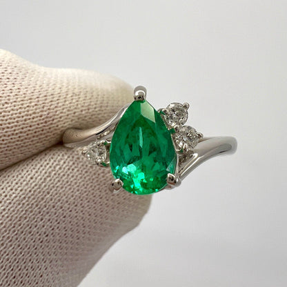 1.06ct Vivid Green Pear Teardrop Cut Colombian Emerald & Diamond Platinum Ring