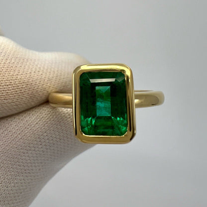 2.51ct Deep Green Emerald Octagon 18k Yellow Gold Rubover Bezel Solitaire Ring